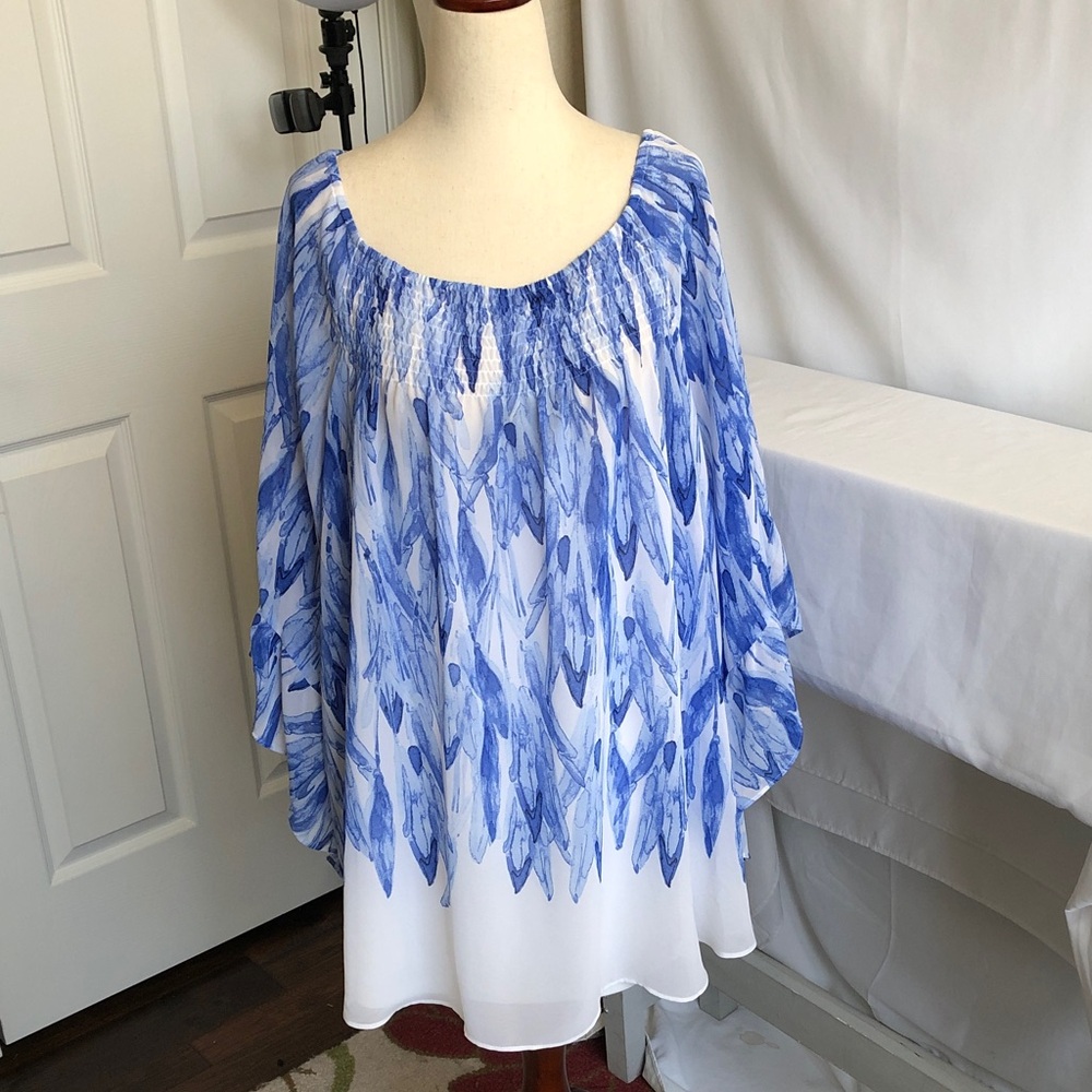 Alfani Blue and White Feather Print Blouse